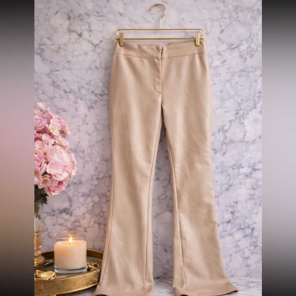 H&M Beige Faux Leather Flare Pants — High Waist Vegan Leather Trouser M